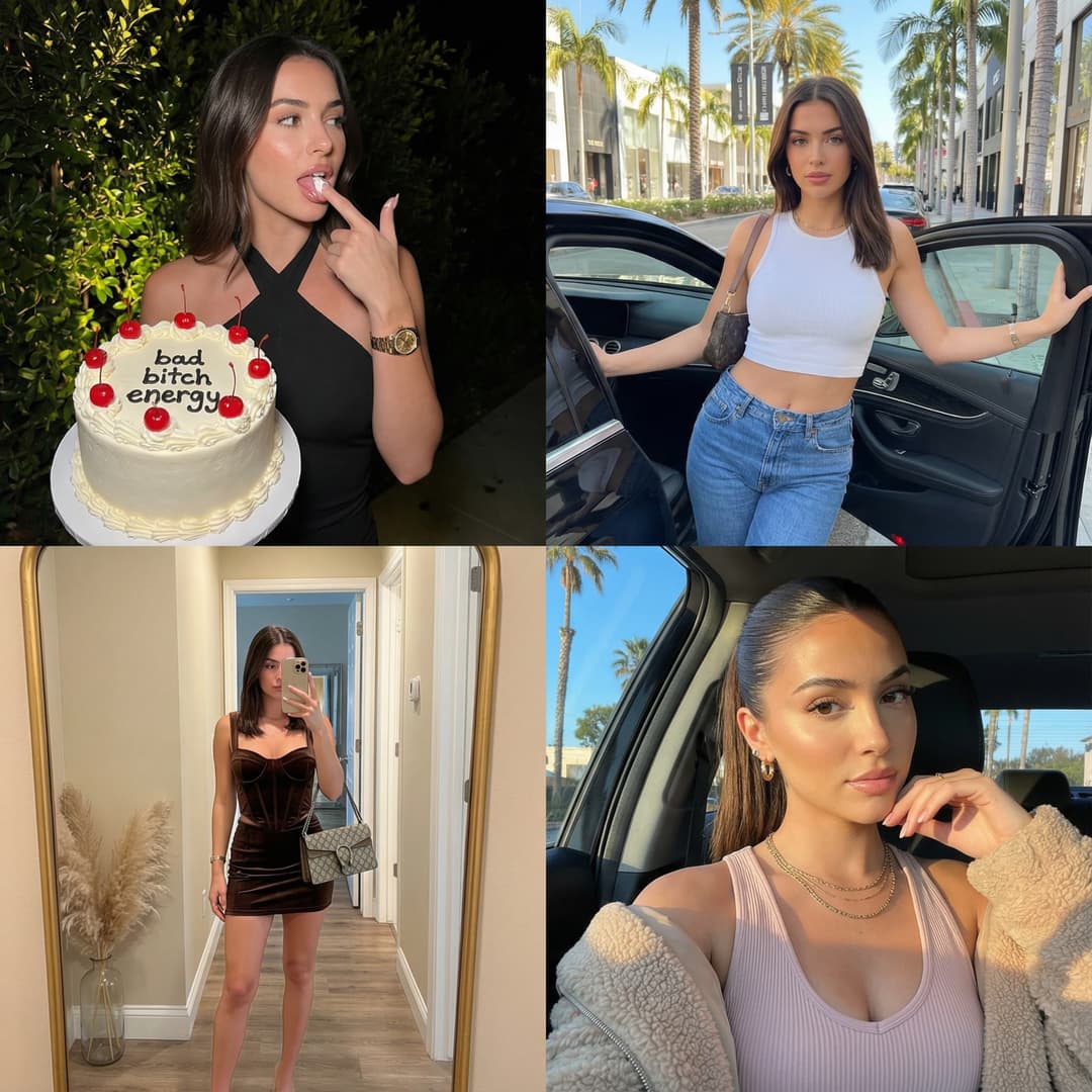 { "image_layout": "2x2 grid collage featuring four distinct photographs of the same female subject.", "subject_general": { "gender": "Female", "hair_color": "Dark brown/black", "hair_style": "Long, styled in loose waves in three panels; sleek high ponytail in one panel", "aesthetic": "Glamorous, influencer, trendy, luxury lifestyle" }, "panels": [ { "position": "top_left", "setting": "Outdoors at night, dark background with illuminated green foliage", "action": "Subject is holding a cake with one hand and licking frosting off the index finger of the other hand", "outfit": { "top": "Black halter-neck sleeveless top", "jewelry": "Gold wristwatch, gold bangle bracelet, ring, small hoop earrings" }, "props": { "item": "Round white frosted cake", "details": [ "Red cherries on top", "Decorative white piping along edges", "Black icing text reading 'bad bitch energy'" ] } }, { "position": "top_right", "setting": "Daytime city street, likely an upscale shopping district (e.g., Rodeo Drive) with palm trees and storefronts visible", "action": "Subject is leaning out of the open door of a black luxury car, looking at the camera", "outfit": { "top": "White sleeveless ribbed crop top", "bottom": "Blue denim jeans", "accessories": "Shoulder bag (strap visible), gold hoop earrings" }, "lighting": "Bright natural sunlight casting shadows" }, { "position": "bottom_left", "setting": "Indoor hallway, beige walls, wooden floor", "action": "Full-body mirror selfie", "outfit": { "style": "Matching two-piece set", "color": "Dark brown/chocolate", "top": "Velvet/suede corset-style bustier top", "bottom": "Mini skirt", "accessories": "Patterned designer handbag (resembling Dior Saddle bag), stack of gold bracelets" }, "background_details": [ "Large rectangular mirror with gold frame leaning against wall", "Vase with pampas grass in the corner", "Doorway visible in reflection" ] }, { "position": "bottom_right", "setting": "Inside a vehicle or outdoors, golden hour sunlight", "action": "Close-up selfie, hand raised near mouth/chin", "outfit": { "top": "Light pink/mauve ribbed tank top", "outerwear": "Beige fuzzy/sherpa jacket worn off-the-shoulder", "jewelry": "Layered gold necklaces with pendants, hoop earrings" }, "hair_styling": "Sleeked back high ponytail", "background_details": "Car window frame, palm trees and blue sky visible in background" } ] }