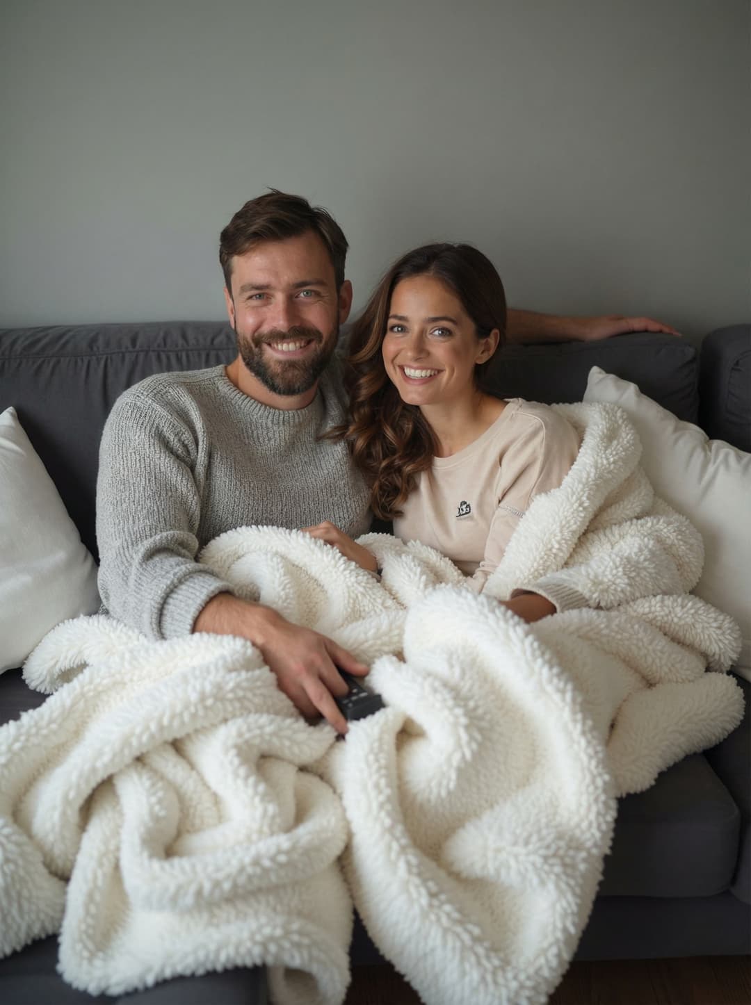 {"subject":{"description":"A relaxed couple seated side by side on a plush sofa, both gazing at an unseen TV. The scene captures their front-facing faces and reactions in a balanced head‑on composition.","pose":"Both are casually hunched forward, heads tilted toward the invisible screen. One hand rests on the sofa arm; the other holds a remote. They are wrapped together in a soft white flurry blanket that drapes over shoulders and legs.","orientation":"Front‑on, eye‑level with a slight upward tilt to encompass the entire sofa and the couple's faces in full.","faces":{"male":{"expression":"soft amusement, subtle grin","eyes":"directly looking at camera","mouth":"slight smile"},"female":{"expression":"laughing softly, eyes crinkling","eyes":"directly looking at camera","mouth":"small smile"}}},"attire":{"male":{"top":"Loose‑fitting light gray sweater, subtle cable knit"},"female":{"top":"Soft cream‑colored long‑sleeve tee with a small embroidered heart"},"blanket":{"type":"Soft white flurry blanket","texture":"Velvety, thick and fluffy","color":"White"}},"furniture":{"sofa":{"material":"Deep charcoal microfiber upholstery","color":"Charcoal black","dimensions":"Standard size, generous armrests","texture":"Soft, plush"},"props":{"remote_control":{"type":"Wireless TV remote","color":"Black"},"cushions":{"type":"White decorative throw pillows","texture":"Fleece"},"flooring":{"type":"Light oak hardwood floor","texture":"Smooth"},"walls":{"type":"Painted muted gray","pattern":"Subtle geometric wallpaper"}}},"tv":{"type":"Large flat‑screen 55\"","visibility":"Not visible – content implied rather than shown"},"lighting":{"ambient_light":"Soft, indirect overhead LED panel lighting","secondary_lights":[{"type":"Accent"},{"type":"Backlight","intensity":"low"}],"color_temperature":"Warm white (3200K)","shadow_characteristics":"Soft, minimal key shadows, gentle rim lighting around the blanket"},"mood_and_atmosphere":"Cozy, intimate, and relaxed. The blanket adds gentle warmth that contrasts with the cool gray tones of the sofa and walls. The unseen TV screen creates a subtle glow that frames the couple's expressions.","camera_and_style":{"device_emulation":"Full‑frame DSLR","lens":"35mm prime f/1.8","perspective":"Front‑on, eye‑level with a slight rise to capture full sofa","visual_aesthetic":"Realistic, cinematic with subtle depth of field","post_processing":{"color_grading":"Warm tones, slight vignette","grain":"Minimal film grain for texture"},"shutter_speed":"1/125s","aperture":"f/2.8","iso":"200","depth_of_field":"Moderate, keeping both faces in sharp focus, slight blur behind blanket"},"format":{"resolution":"1920x1080px","consistency":"100% same face & body details throughout"}}