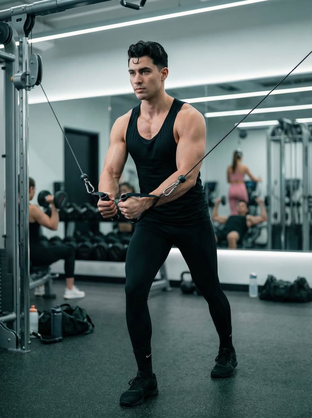 { "subject": { "description": "A tall, muscular black-haired man with a distinct spit curl hairstyle.", "demographics": { "age": "late 20s to early 30s", "gender": "male", "physique": "strong, well-defined upper body and chest", "hair": { "color": "black", "style": "spit curl", "length": "short, curled around the head" }, "facial_features": "clear, composed expression, not sweating", "body_language": "focused, upright posture" } }, "attire": { "top": "tight-fitting moisture-wicking black performance tank top", "bottom": "black compression leggings", "socks": "black athletic socks", "shoes": "black cross-training shoes with reinforced toe", "accessories": "none" }, "activity": { "exercise": "Cable Chest Fly", "equipment": "Dual-cable station with adjustable pulleys", "position": { "standing": true, "hands": "holding handles", "arms": "slightly bent, hands together at chest level", "legs": "feet shoulder-width apart, slight knee bend" }, "intensity": "moderate to high, controlled movement" }, "environment": { "setting": "Modern gym interior", "background": "Rack of free weights and cardio machines subtly blurred", "floor": "rubber gym flooring, clean and neutral", "ambient_elements": ["large mirrored wall behind, slight reflection of the workout", "white LED strip lighting along the ceiling"] }, "camera_and_style": { "device_emulation": "Canon EOS R5", "lens": "35mm prime, f/1.8 for shallow depth of field", "angle": "mid-high face height, slightly above eye level to emphasize chest muscles", "shot_type": "medium close-up, capturing upper torso and workout action", "composition": "rule-of-thirds, subject slightly off-center to the left", "frame_dimensions": { "resolution": "1920x1080px", "aspect_ratio": "16:9", "pixel_density": "300ppi" } }, "lighting": { "type": "soft studio lighting", "key_light": { "source": "main light", "position": "45° to the left, 30° above", "intensity": "medium, diffused via softbox" }, "fill_light": { "source": "secondary light", "position": "45° to the right, 20° above", "intensity": "low to moderate to reduce shadows" }, "backlight": { "source": "rim light", "position": "behind subject, 45° to the right", "intensity": "subtle to separate from background" }, "overall_characteristics": "balanced contrast, no excessive glare, highlights on sweat glands subtle but not present" }, "mood_and_atmosphere": { "tone": "intense focus, disciplined energy", "vibe": "high-performance, athletic pride", "emotion": "determined, confident" }, "color_palette": { "primary": ["black", "dark gray"], "secondary": ["white", "silver"], "accent": ["blue", "green"], "tone": "cool, monochromatic with subtle metallic highlights" }, "technical_specifications": { "post_processing": { "style": "clean, realistic", "grain": "minimal", "color_grading": "slight teal shift for contrast", "sharpness": "high for muscle definition", "noise_reduction": "low, preserve detail" }, "output_quality": "8K resolution preferred, 4320x2160px, high dynamic range", "face_preservation": "100% facial integrity; no alteration" } }