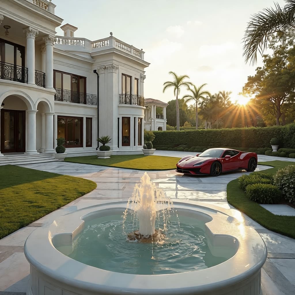 { "scene": { "description": "Luxurious marble mansion yard with a central fountain and supercars positioned in the background.", "architecture": { "style": "Mediterranean/Classic French", "material": "white marble with gold accents", "features": [ "grand colonnaded façade", "ornate balconies with wrought‑iron railings", "sweeping terraces overlooking a manicured lawn" ] }, "fountain": { "type": "central marble fountain", "design": "classical basin with cascading water jets", "material": "polished white marble", "water": "crystal clear, reflecting the surrounding light" }, "supercars": { "type": "luxury supercars", "models": [ "Ferrari 488", "Lamborghini Aventador", "Porsche 911 GT2" ], "placement": "aligned along a paved driveway leading to the mansion", "details": "glossy finishes, subtle reflections of the marble and garden" } }, "lighting": { "time_of_day": "golden hour", "key_light": "warm soft light from the setting sun, illuminating the marble and fountain", "fill_light": "soft rim light along the marble columns and balconies", "shadows": "long, subtle shadows across the lawn and driveway", "color_grading": "warm amber with a slight golden hue to enhance opulence" }, "camera_and_style": { "camera": "Canon EOS R5", "lens": "24-70mm f/2.8", "angle": "low‑angle ground level looking up to capture the grandeur of the mansion", "focus": "sharp focus on the mansion façade and fountain; soft background depth of field to emphasize the supercars", "depth_of_field": "medium, preserving detail of foreground while gently blurring distant cars" }, "mood_and_atmosphere": "Opulent, tranquil, timeless luxury with cinematic grandeur and serene yet powerful presence.", "color_palette": [ "white marble", "gold accents", "deep green lawn", "metallic silver supercars", "sunset gold" ], "output_specifications": { "resolution": "3840x2160px", "format": "high‑resolution JPG", "aspect_ratio": "16:9" }, "negative_prompt": [ "no people", "no clutter", "no modern signage", "no low quality", "no distortion" ] }