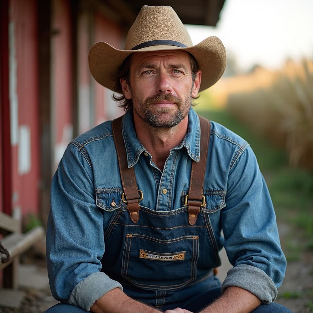 model farmer with farm in background, close-up photo