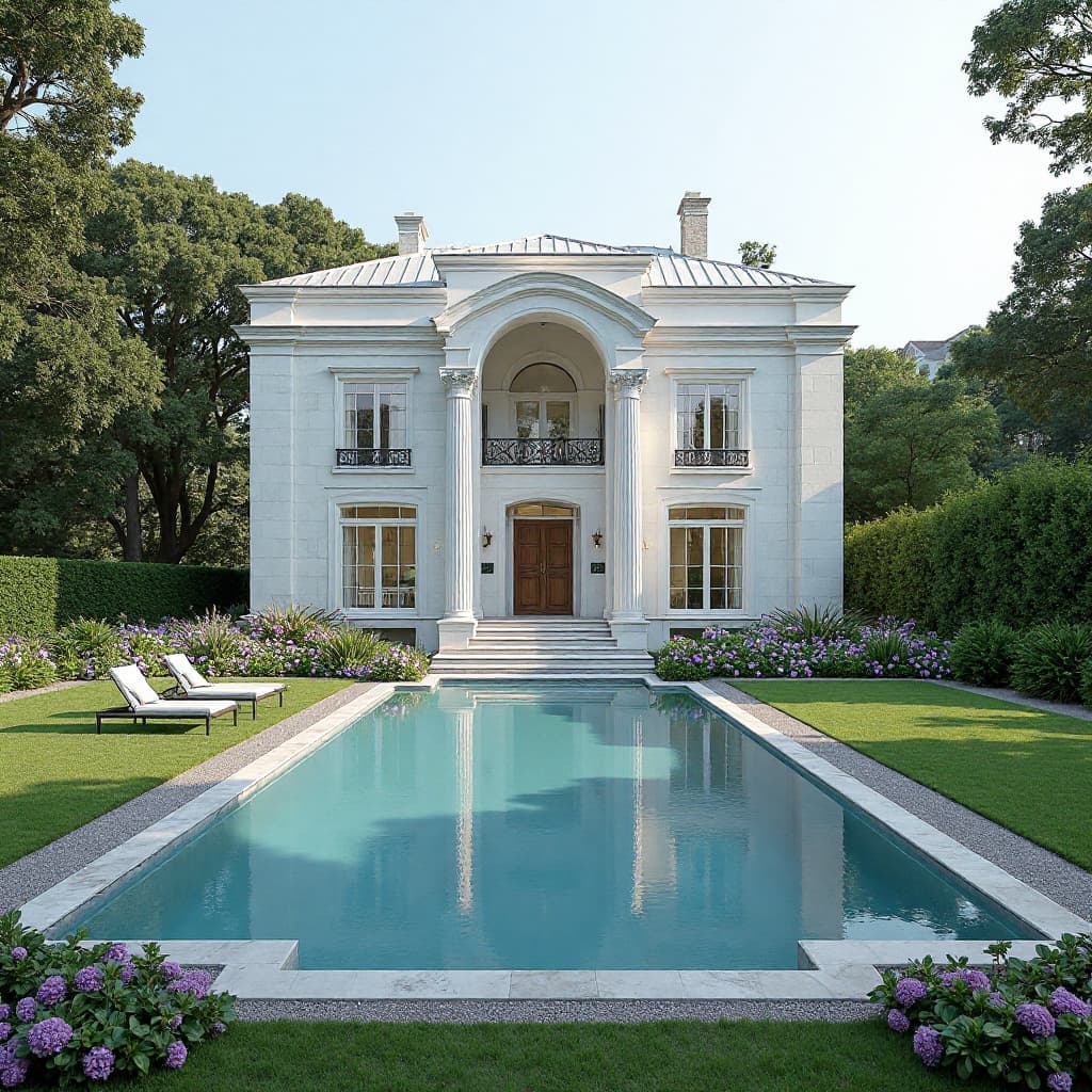 a photo of a mansion from the outside (garden) reveling the beautiful white marmol made house, with a pool and some outside furnitures