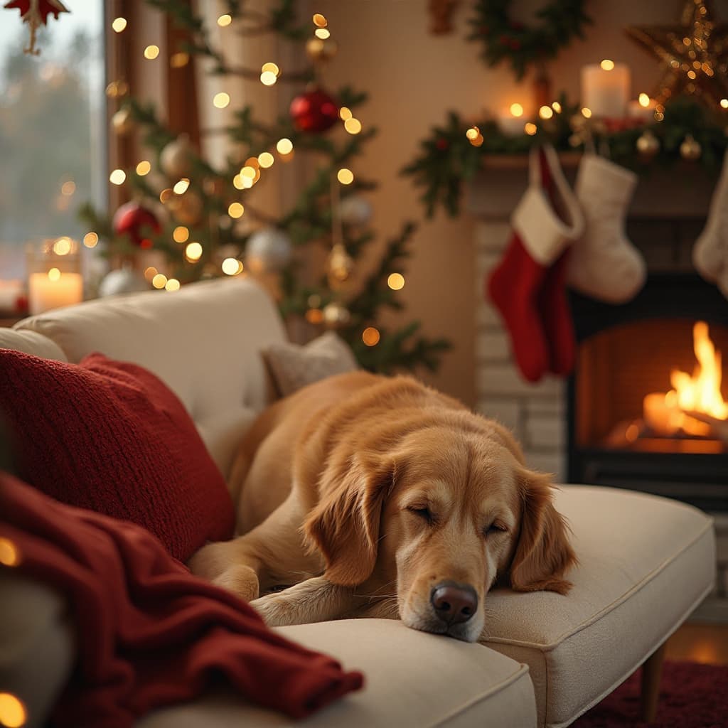 a dog sleeping on a couch, house has christmas decoration