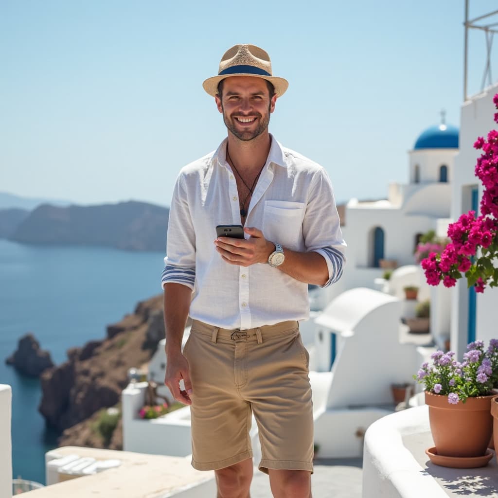 a man with a summer casual outfit on santorini taking a casual picture