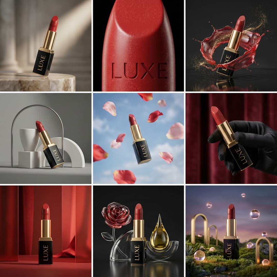 Create a 3×3 grid in 3:4 aspect ratio for a high-end commercial marketing campaign using the exact same lipstick across all images. Each frame must present a distinct visual concept while maintaining perfect product consistency across all nine images.
Grid Concepts (one per cell):
1. Iconic hero still life with bold composition
2. Extreme macro detail highlighting material, surface, or texture
3. Dynamic liquid or particle interaction surrounding the product
4. Minimal sculptural arrangement with abstract forms
5. Floating elements composition suggesting lightness and innovation
6. Sensory close-up emphasizing tactility and realism
7. Color-driven conceptual scene inspired by the product palette
8. Ingredient or component abstraction (non-literal, symbolic)
9. Surreal yet elegant fusion scene combining realism and imagination
Visual Rules: Product must remain 100% accurate in shape, proportions, label, typography, color, and branding. No distortion, deformation, or redesign of the product Clean separation between product and background.
Lighting & Style: Soft, controlled studio lighting Subtle highlights, realistic shadows High dynamic range, ultra-sharp focus Editorial luxury advertising aesthetic Premium sensory marketing look Overall.
Feel: Modern, refined, visually cohesive High-end commercial campaign Designed for brand websites, social grids, and digital billboards Hyperreal, cinematic, polished, and aspirational