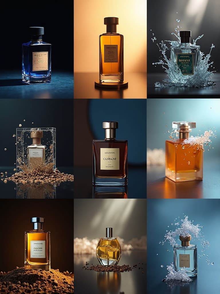 imagine 9 images in a 3x3 grid, each 3:4, featuring the uploaded cologne bottle as the central subject – exact shape, glass, metallic cap, label typography, brand colors – no alteration.
Cell 1: iconic hero still‑life, bold composition, dark velvet backdrop, studio lighting.
Cell 2: extreme macro detail of glass texture, cap finish, embossed label, ultra‑sharp focus.
Cell 3: dynamic frozen mist/spray swirling around bottle, droplets catching light.
Cell 4: minimal sculptural arrangement on geometric pedestal, monochrome background.
Cell 5: floating translucent orbs/feather‑like particles surrounding bottle, airy feel.
Cell 6: sensory close‑up emphasizing tactility, shallow depth‑of‑field, cool glass touch.
Cell 7: color‑driven scene using cologne palette (amber, gold, navy), gradient background, colored light wash.
Cell 8: abstract ingredient symbolism (bergamot zest, cedar, amber) as stylized forms, non‑literal.
Cell 9: surreal elegant fusion, bottle merging with misty clouds or reflective water surface, dream‑like yet sophisticated.
All frames: soft controlled studio lighting, subtle highlights, realistic soft shadows, high dynamic range, ultra‑sharp focus on product, clean separation from background, editorial luxury advertising aesthetic, hyper‑real, cinematic, polished, aspirational